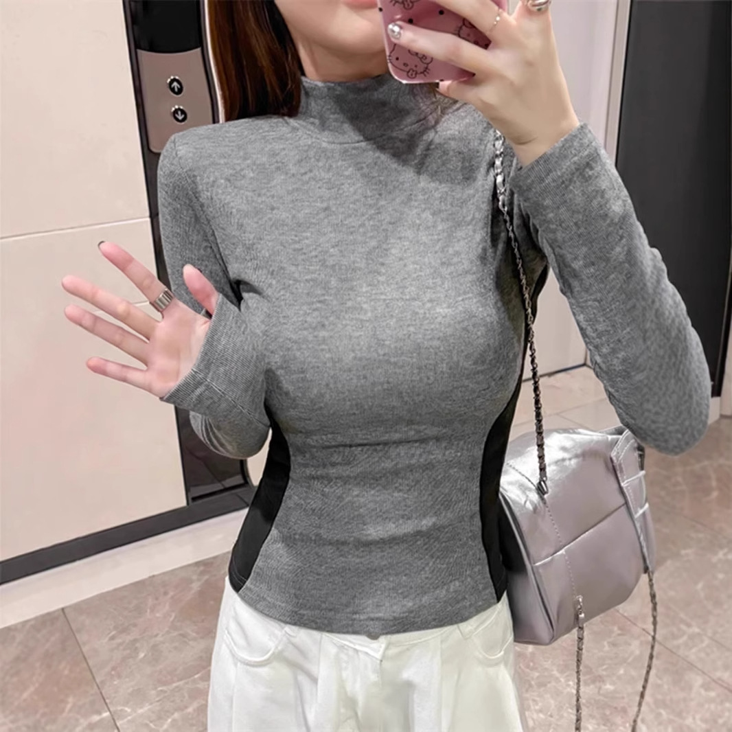 外贸清仓～尾货品牌半高领撞色拼接长袖t恤女保暖内搭打底衫上衣