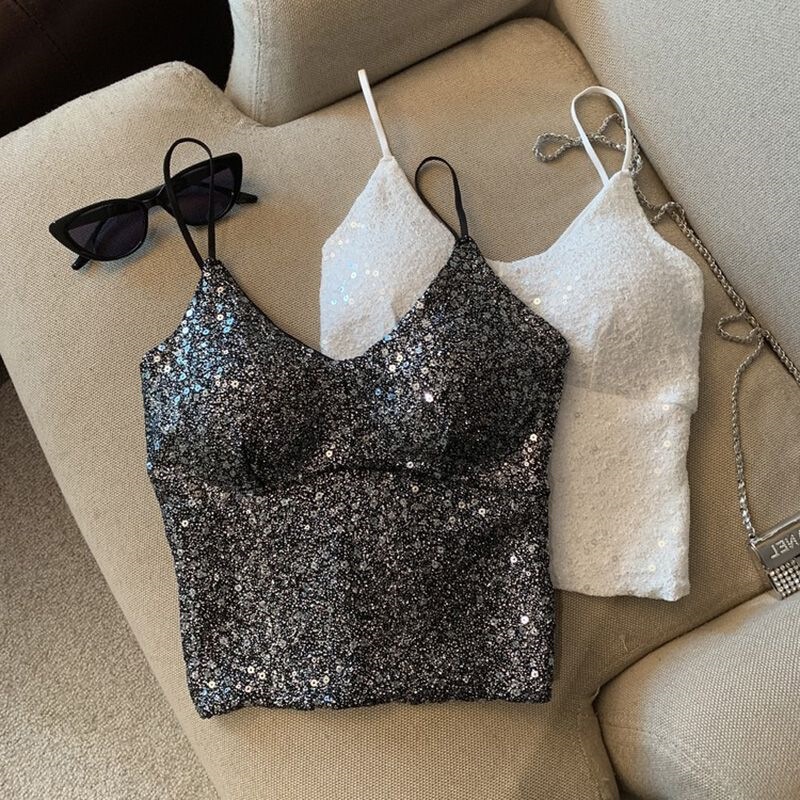 Chanel Style Sequin Lace Side Camisole Women's Summer Pure Desire Sexy Inner Beautiful Back Short Tube Top Trendy