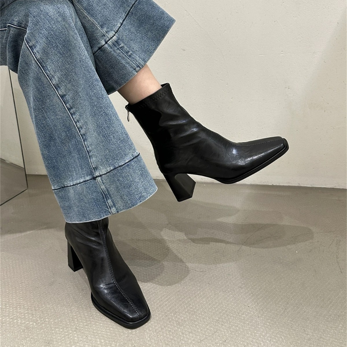 Slim Thick Heel Boots for Women 2025 Spring & Fall New Square Toe High Heel Short Boots French Soft Leather Elegant Fashion Boots