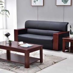 モダンでシンプルな3人掛けソファ、木製の肘掛け付き、応接室用ソファ、黒の合成皮革、静か