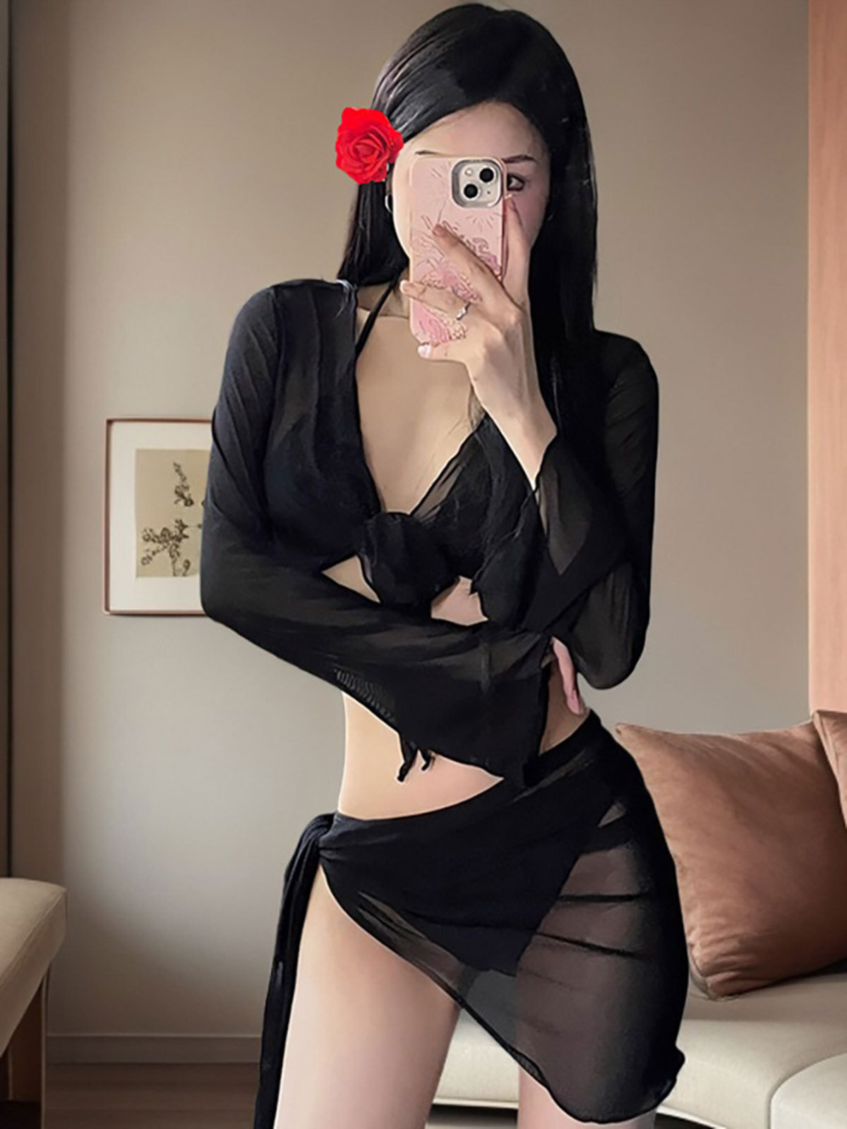 Traje de baño de cuatro piezas de bikini dividido de celebridades de Internet sexy estilo dopamina para mujer, pecho pequeño, traje de baño de aguas termales de vacaciones de manga larga