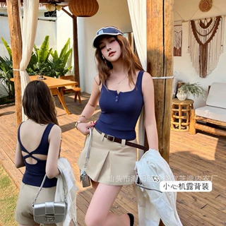 1069#纯棉吊带背心后背交叉修身显瘦上衣小众设计感打底外穿美背