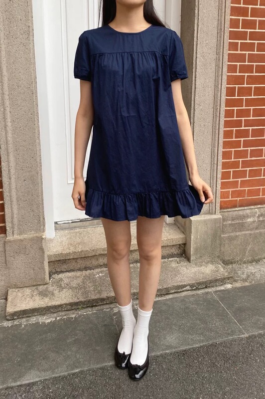 Bm Style New Round Neck Ruffled Pleated Navy Blue Dress Versatile Bm Dress with a Stylish Design Summer Short Dress Bm Style New Round Neck Ruffled Pleated Navy Blue Dress Versatile Bm Dress with a Stylish Design Summer Short Dress