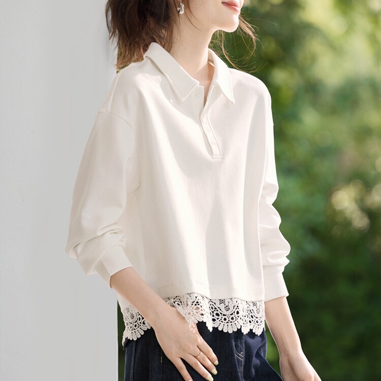 轻生活透气翻领卫衣2025季新款蕾丝拼接百搭通勤上衣女|undefined