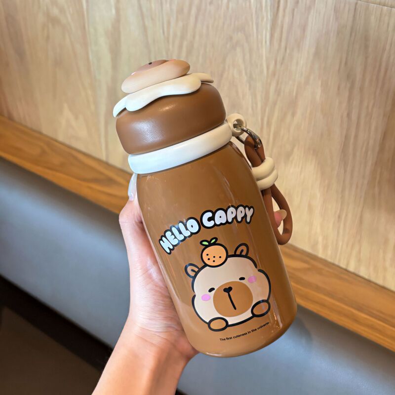 卡皮巴拉保温杯可爱儿童吸管杯上学专用316不锈钢防摔斜跨大肚杯|undefined