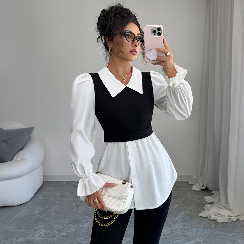 Cross-Border European and American Elegant Simple Style Fake Two-Piece Shirt Vest Top Women's Clothing 2025 Autumn and Winter Amazon Independent Station