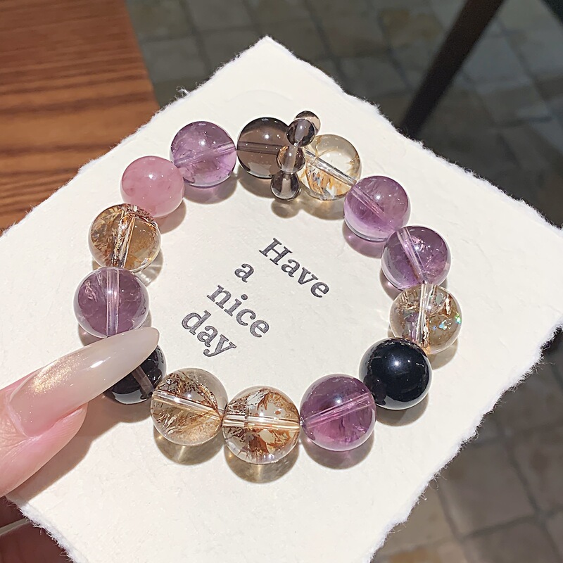 Purple Night Elf Natural Crystal Bracelet Amethyst Nine Purple Fire Bracelet with Gold Foil Exploding Crystal Bracelet