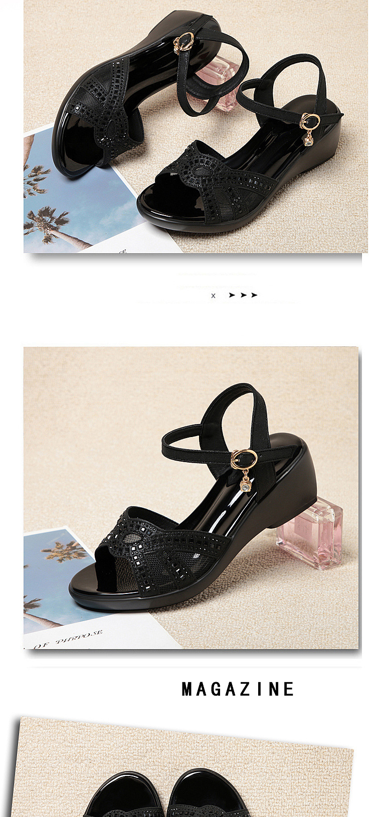 Sandal nữ đế xuồng da thật gót vừa thoải mái — Màu đen chi tiết 14