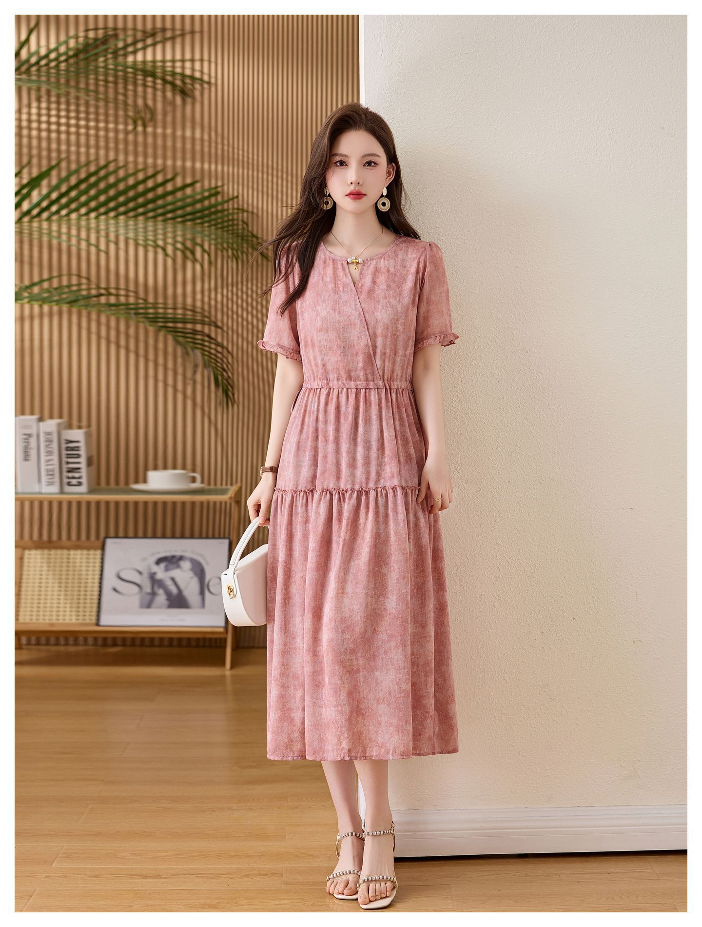 Đầm maxi nữ thắt eo cổ V tay ngắn họa tiết hoa dáng dài GT8207 — xanh lam, Màu hồng chi tiết 19