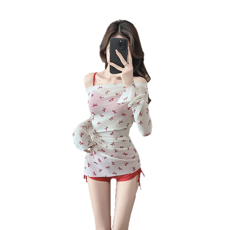 Costume da bagno da donna a tre pezzi, bikini, con fiocco, maniche lunghe, protezione solare, giovanile, seducente, perfetto per le terme._voghion.com