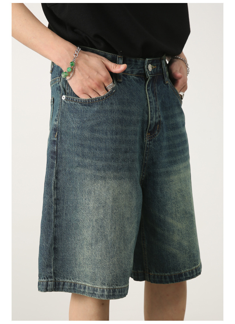 Men's Summer Retro Distressed Blue Denim Shorts Loose Straight Versatile Hot Pants Trendy American Style_mkmklike.com