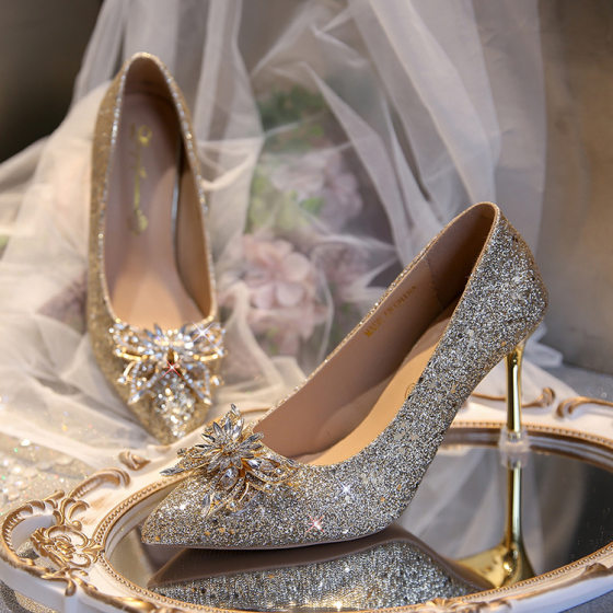 Wedding Shoes Women's 2025 New Wedding Dress Bridal Shoes Xiuhe Dress Bridesmaid French High Heels Sequin Crystal Shoes