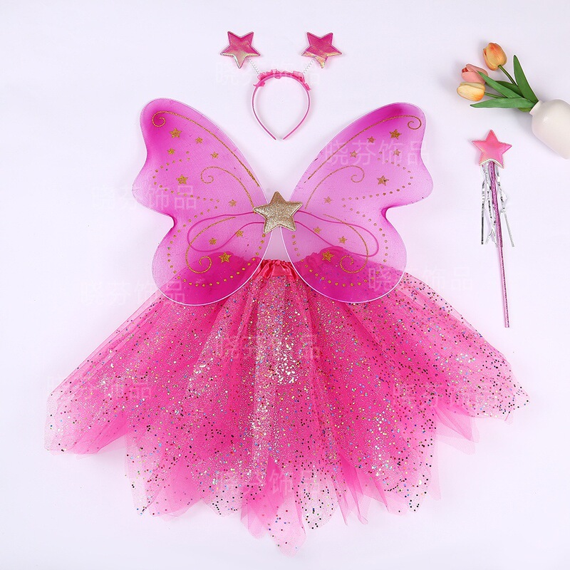Girls' Princess Dress with Butterfly Wings Performance Outfit, Student Festival Performance Costume, Mesh Short Skirt Dress, Performance Set