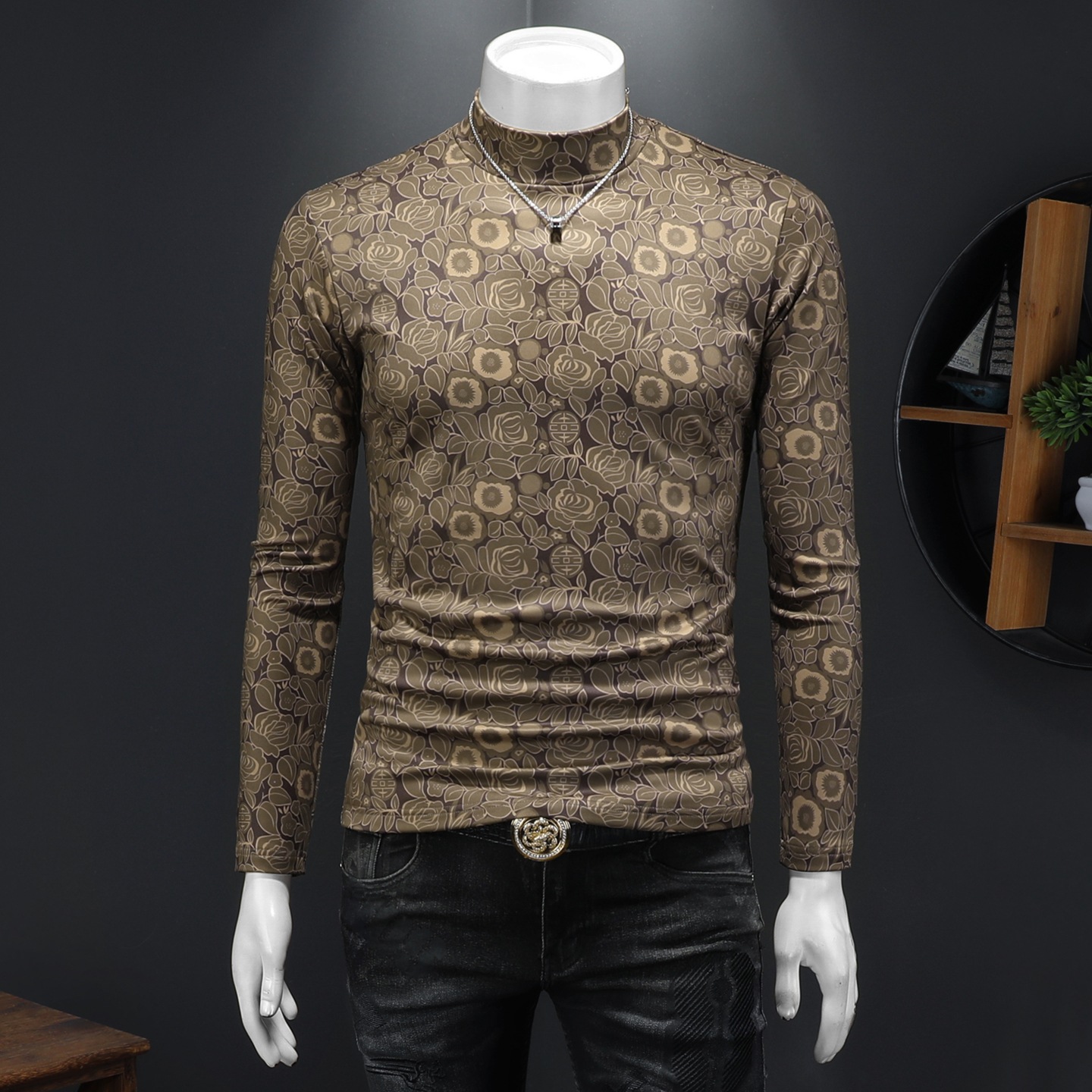 欧洲站新款秋冬印花长袖t恤男潮牌印花半高领休闲时尚打底衫秋衣