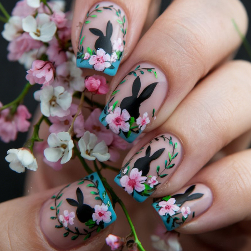 Cross-Border Spring Flower Rabbit Easter Nail Art Nail Tips Blue French Cute Fake Nails Cross-Border Spring Flower Rabbit Easter Nail Art Nail Tips Blue French Cute Fake Nails