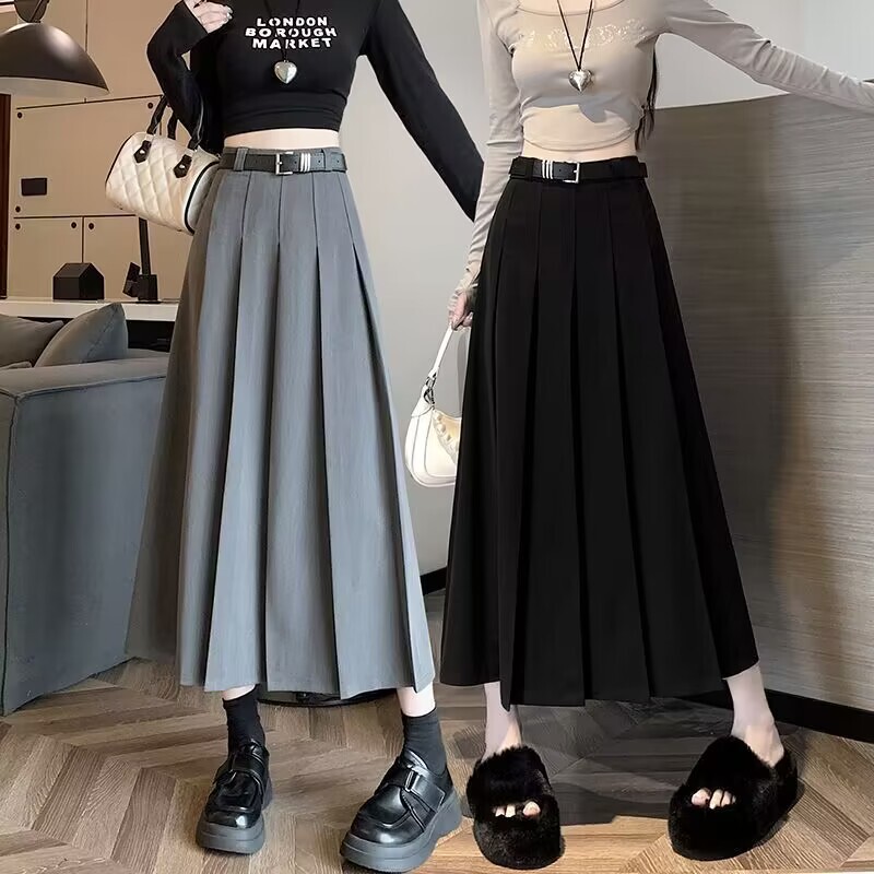 jk半身裙女四季款高腰显瘦百褶裙皮带大摆高腰西装优雅时尚中长裙|undefined