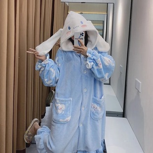 Yugui Dog Pajamas Women's Winter Thickened fleece-lined Coral Fleece Nightgown Women's Mid-length Cartoon Cute Big Ear Dog Bathrobe