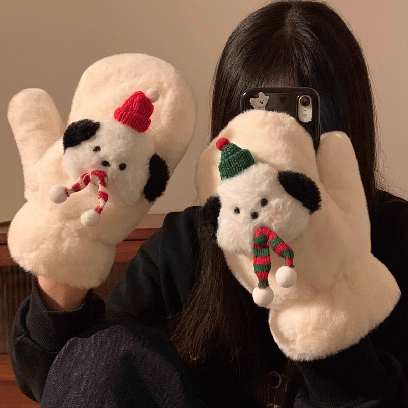 可爱圣诞小狗毛绒连指手套女冬季保暖挂脖加绒加厚学生防寒骑行车|undefined