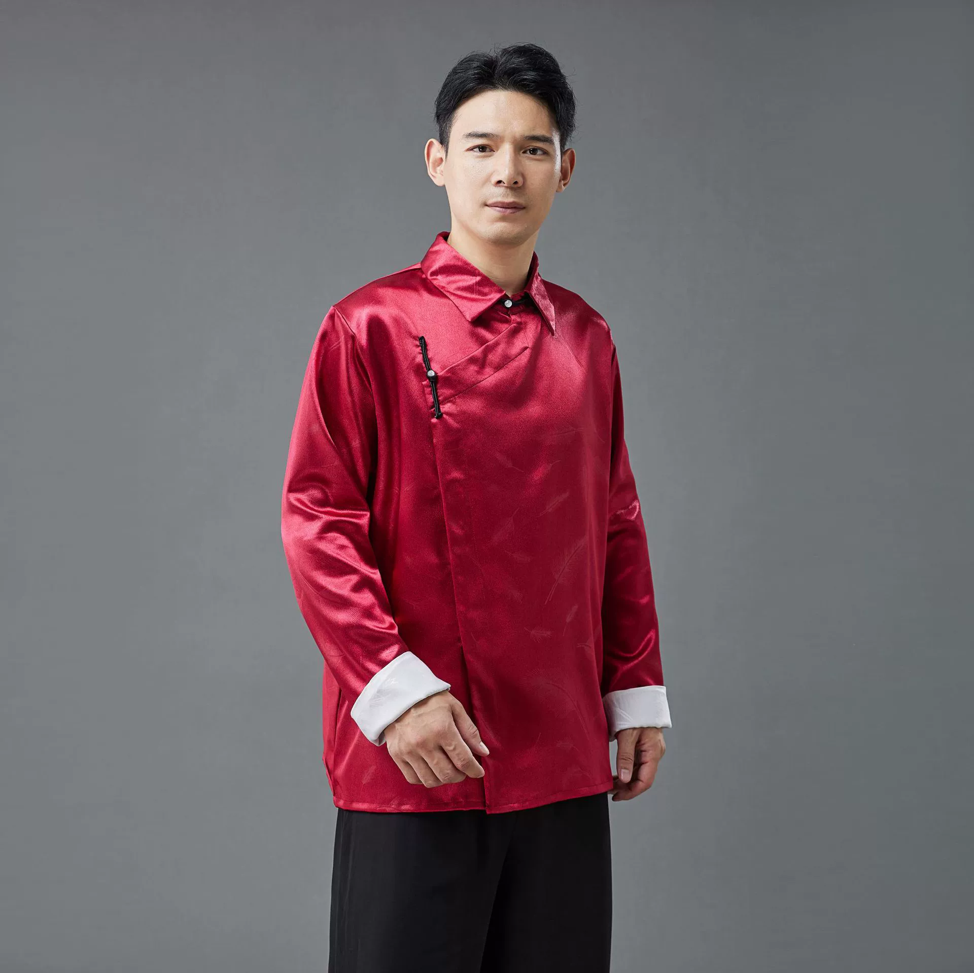 2025 Spring Young Men's Chinese Style Color-Blocking Tang Suit Silver Button Roll-up Side-Blocking Ramie Plate Stand Collar Top