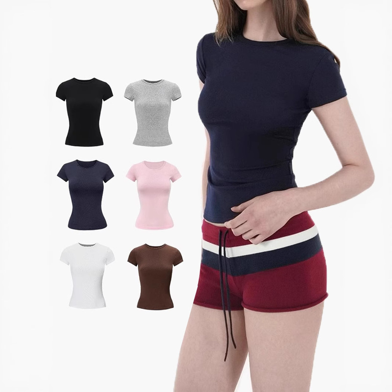 Spot American Style Right Shoulder Sports Short-Sleeved Slim Bottoming Top Round Neck Summer Elastic Skin-Fribottomly Cotton T-Shirt Spot American Style Right Shoulder Sports Short-Sleeved Slim Bottoming Top Round Neck Summer Elastic Skin-Fribottomly Cotton T-Shirt