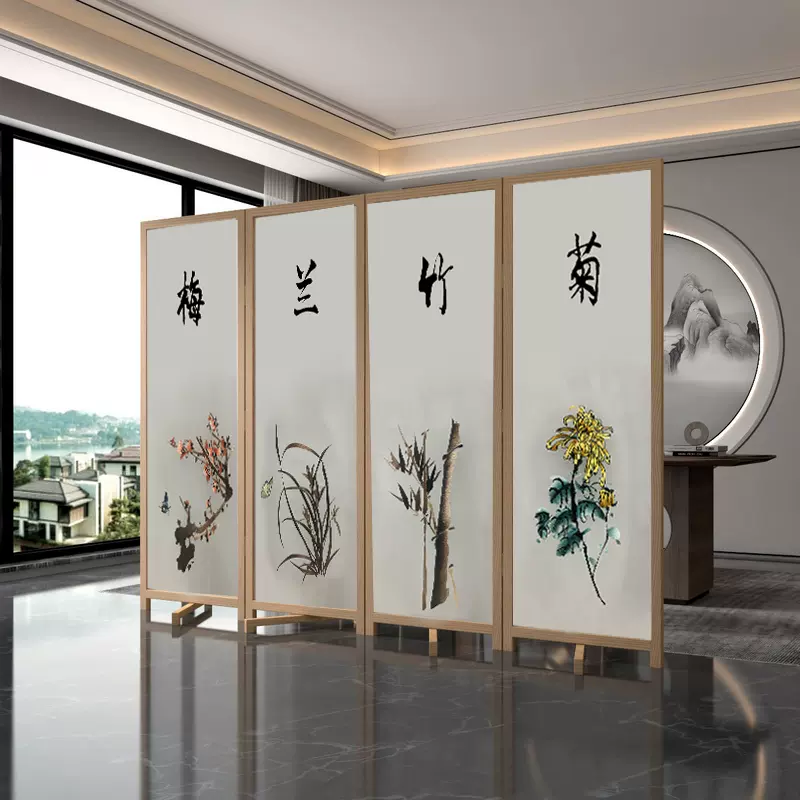 定制半透明纱布画酒店茶室四屏风玄关隔画心梅兰竹菊双面刺绣