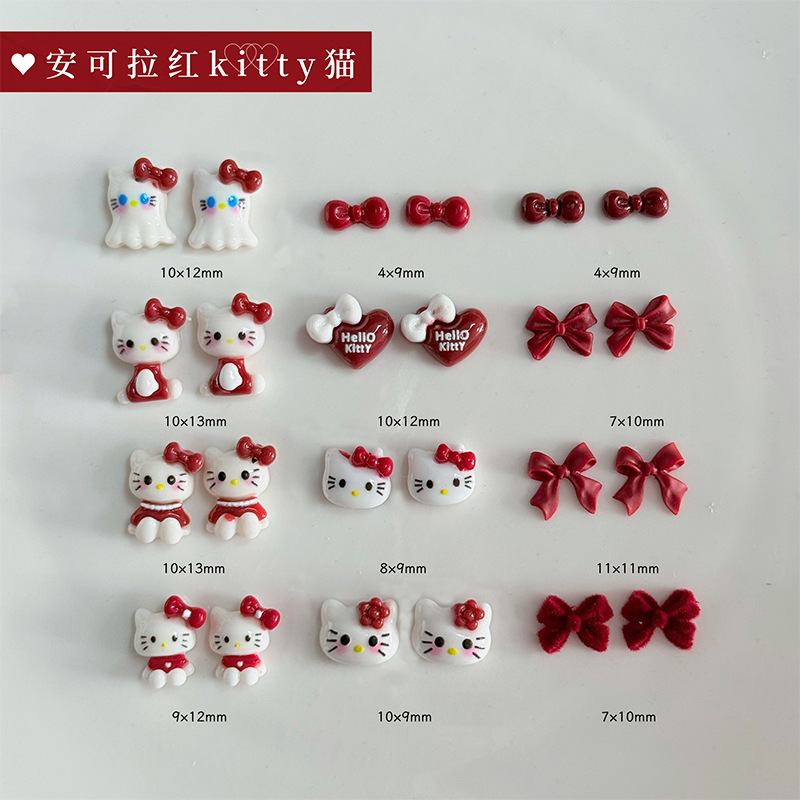 New Year Kitty Ancora Red Nail Art Accessories Internet Celebrity Popular Three-Dimensional Cat Wine Red Bow Small Accessories