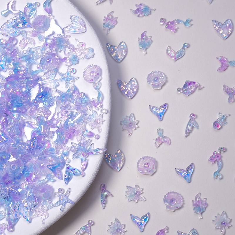 Popular ocean series cartoon nail art accessories with fine glitter, jellyfish, shells, starfish, mermaid tail DIY nail decorations