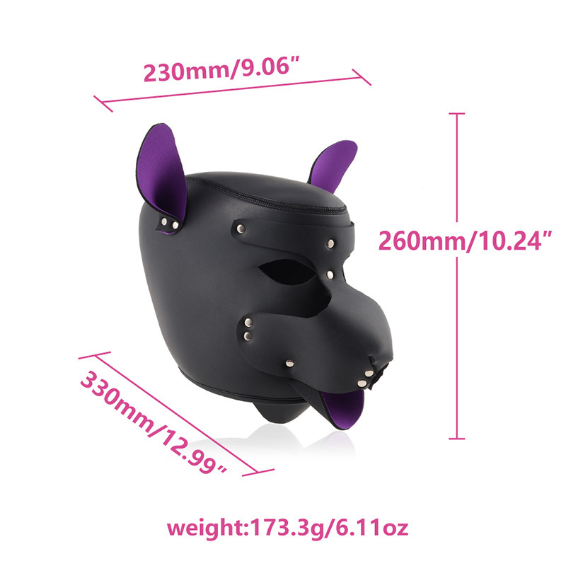 Leather Dog Head Mask with Purple Ears, Human K9 Costume Headgear — detail image 24