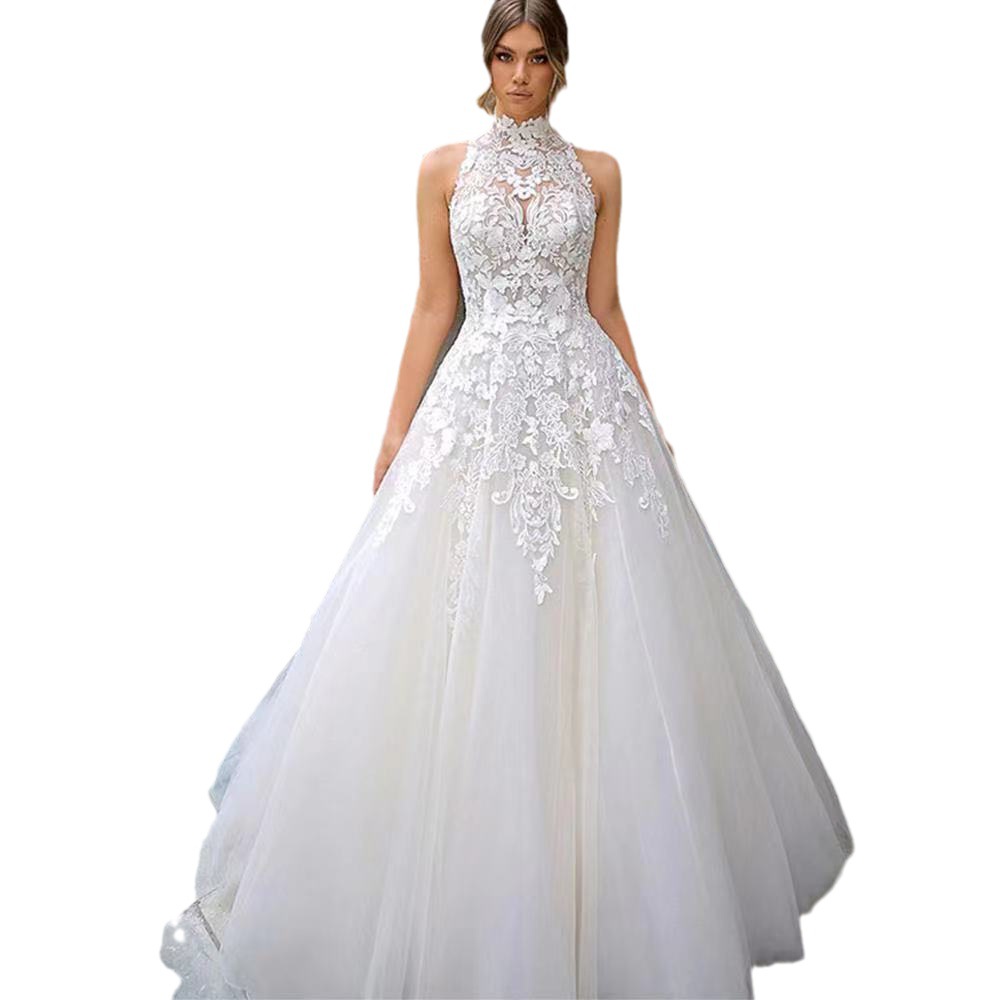 Abito lungo da donna elegante in pizzo bianco a vita media con strascico, stile abito da sposa per donna, alta gamma estiva_voghion.com