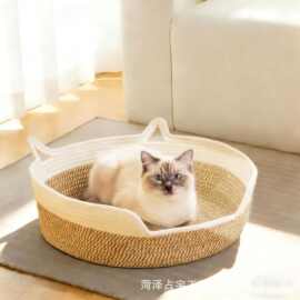 跨境棉绳编织收纳篮可爱小猫造型四季通用宠物窝猫床多功能收纳篮
