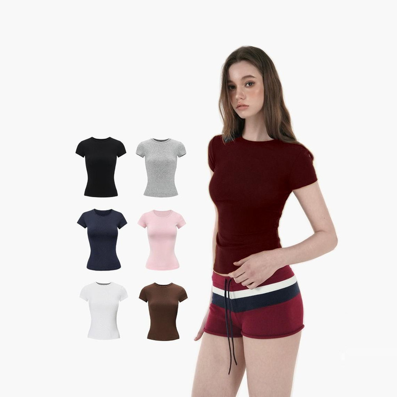 New European and American Style Waist-Cinching High-Elastic Regular Shoulder Sports Short-Sleeve T-Shirt, Slim Fit, Flattering, Breathable, Comfortable, Versatile