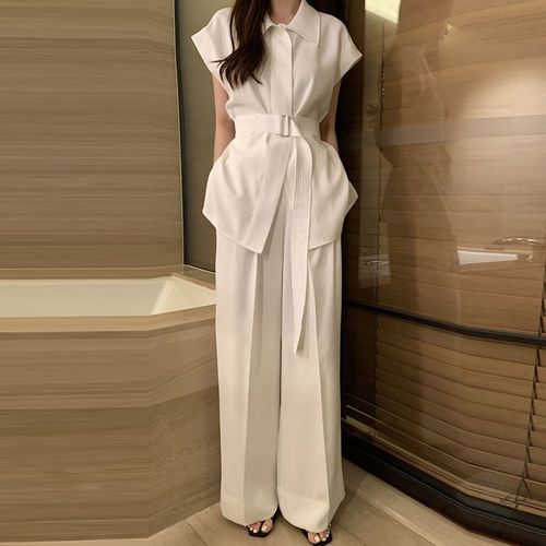 Fashionable Women's Set French Style Elegant Waist-Tie White Shirt Summer High-Waisted Wide-Leg Casual Pants Two-Piece Set