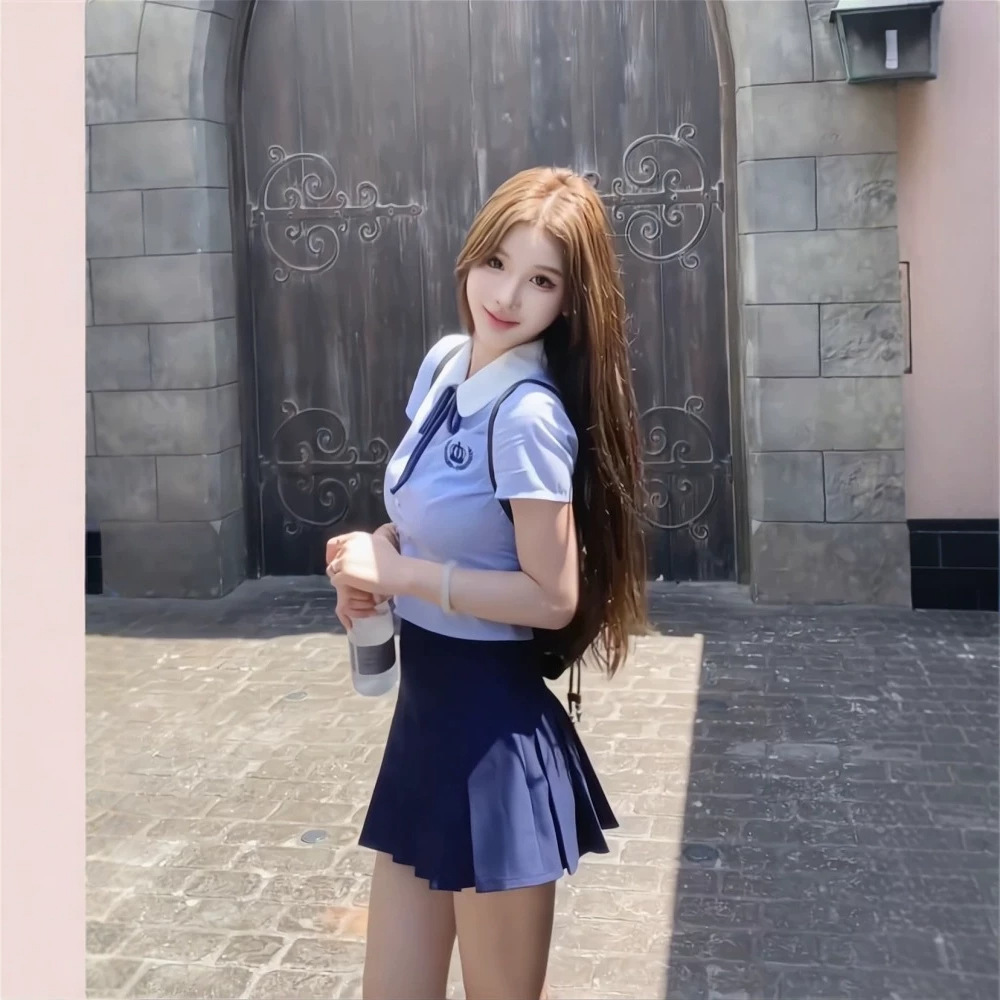 Summer Pleated Skirt Jk Suit Sakura Island Senior Short Blue College-Style Shirt Women's High-End Three-Piece Set Women's Clothing
