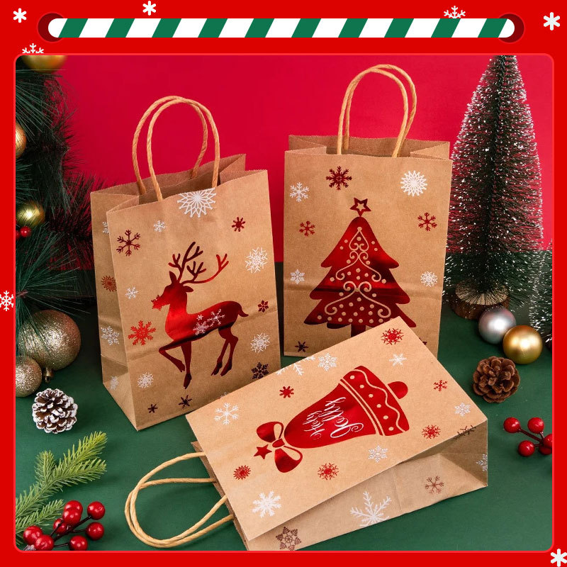 圣诞节手提黄牛皮纸袋平安夜礼品袋礼物包装袋圣诞红色烫金包装袋