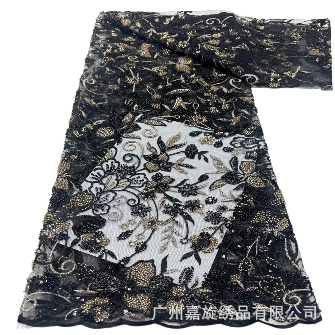 Tela de bordado pesado con diseño floral de una sola cara, lentejuelas con cuentas, adecuada para vestidos de novia, vestidos de noche y encaje de qipao.
