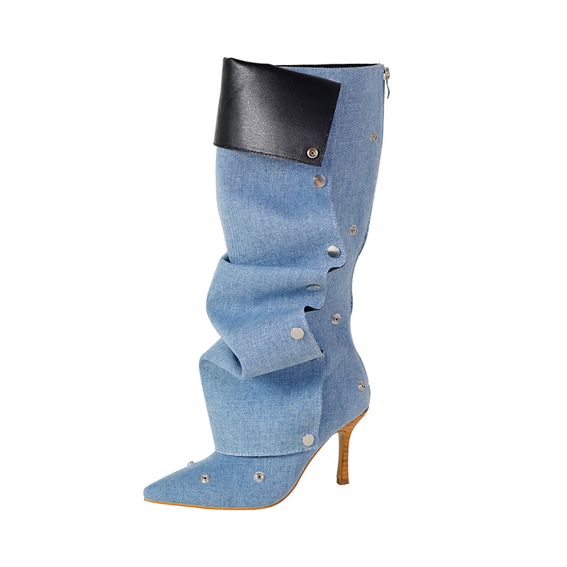 Women's Shoes rivet buckle splicing two way wear stiletto denim pleated pile boots female personality hot girl fashion long boots female_voghion.com