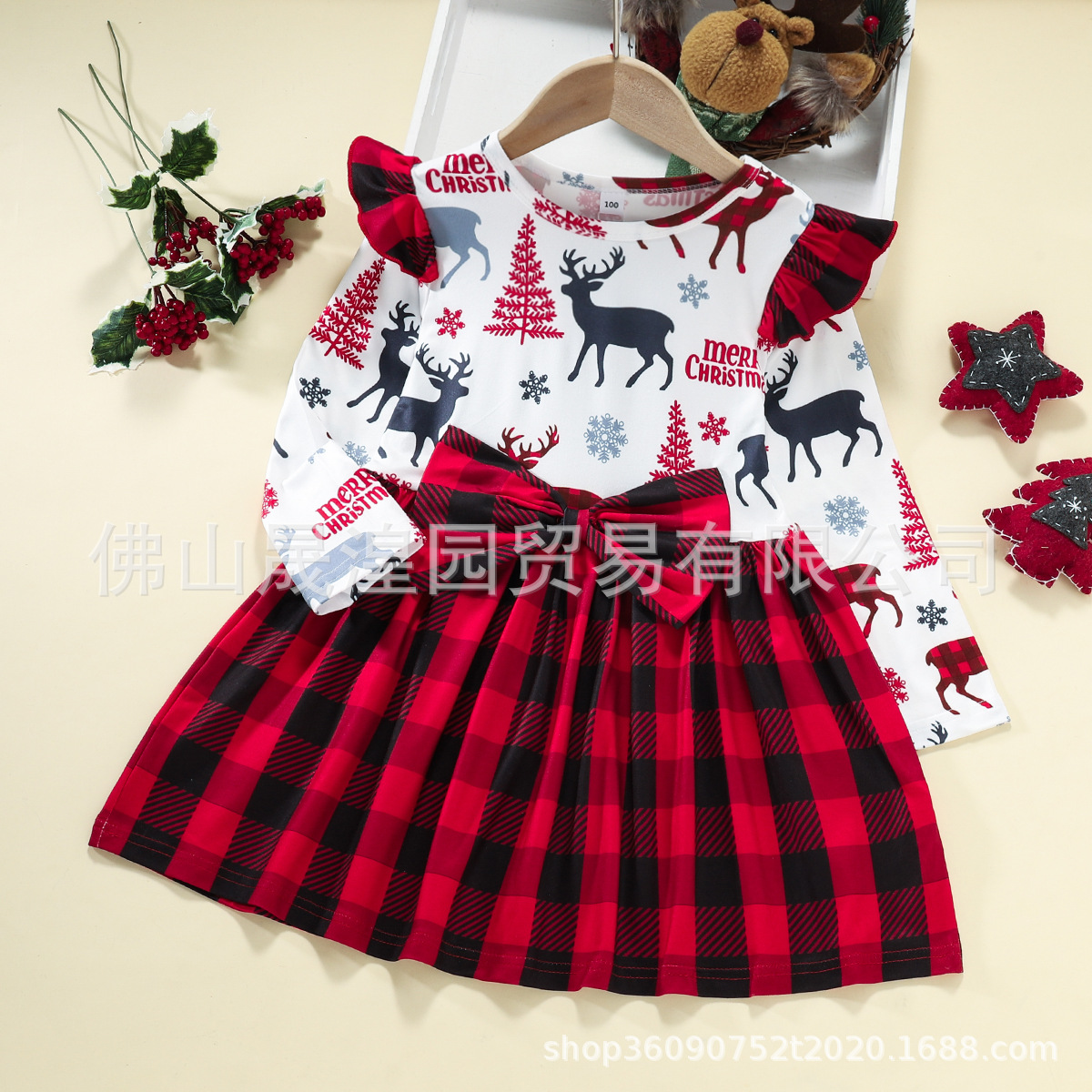 Foreign Trade Children's Clothing Wholesale European And American Christmas Clothes Plaid Cotton Stitching Flying Sleeve Bowknot Cute Baby Dress