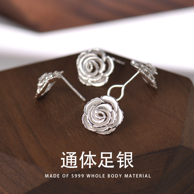 S999銀耳鈎女森糸薔薇花耳釘女時尚百搭養耳洞精緻花朵耳飾品
