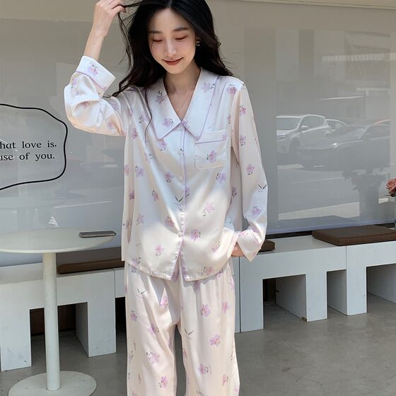 2023 New Little Red Book Magnolia Ice Silk Pajamas Women's Long-sleeved Trousers Suit Home Clothes Two-piece Set Spring Autumn Summer