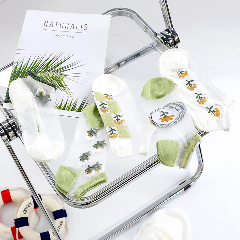 Socks Women's Summer Thin Cotton Foot Surface Transparent Glass Silk Stockings Spring and Summer Day Daisy Crystal Short Socks ins Tide