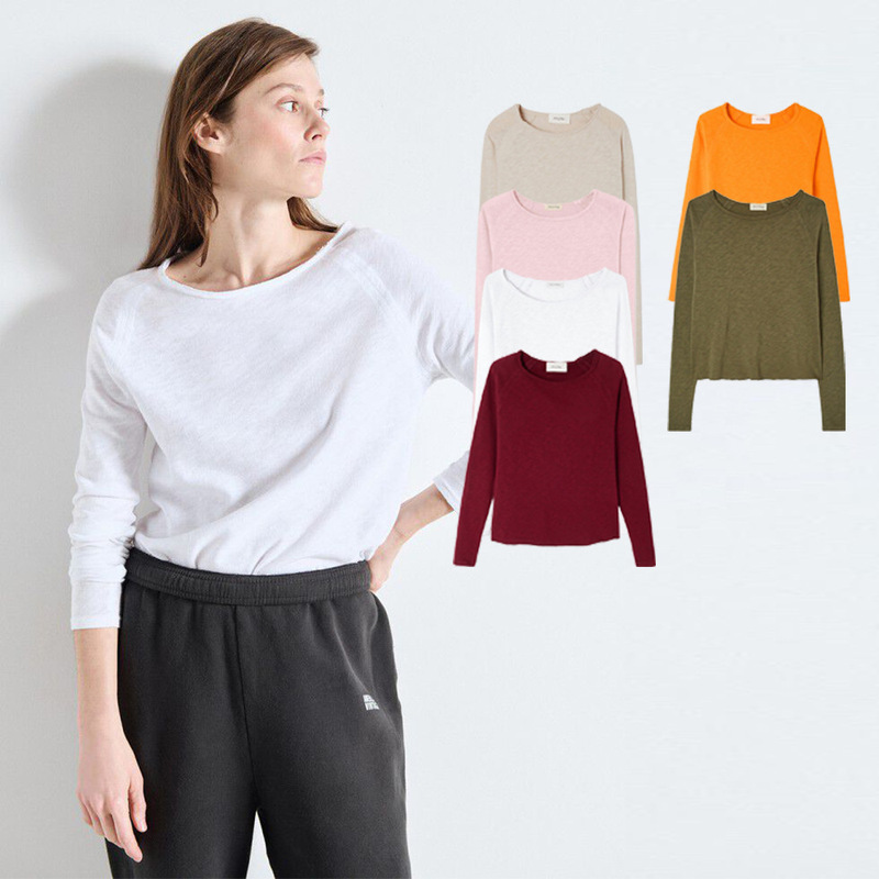 American Vintage25 Autumn Bamboo Cotton Large Round Neck Simple Commuting Versatile Loose Long Sleeve Base Shirt for Women