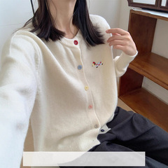 韩系彩色纽扣刺绣腊肠狗毛衣外套2025早秋新款女圆领针织开衫上衣