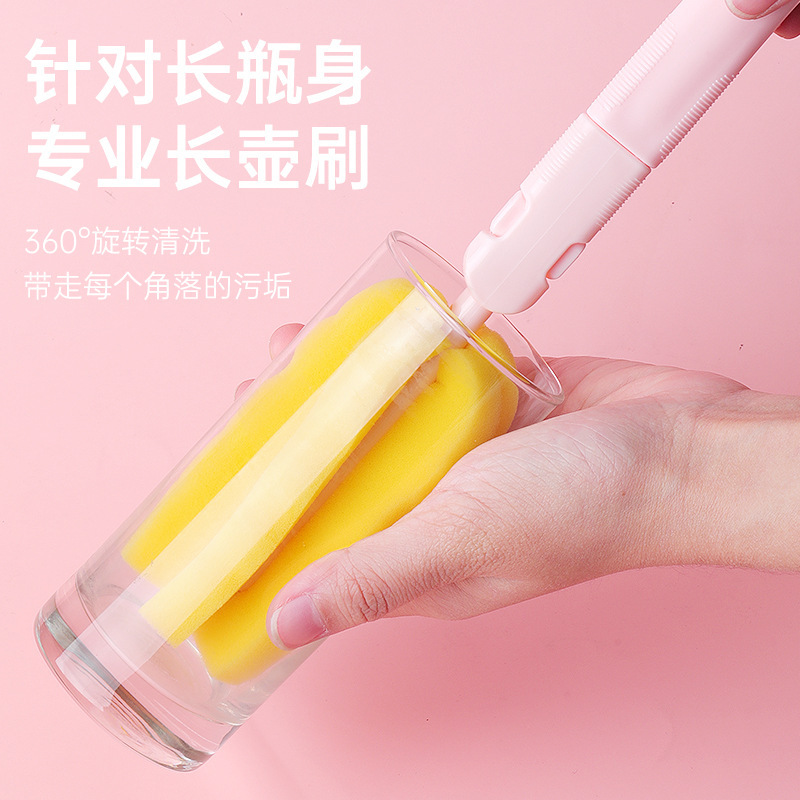 Cepillo de botella de bebé esponja plegable Cepillo de limpieza de botella de bebé Cepillo de taza de mango largo Cepillo de reemplazo de cabeza de cepillo 2pcs
