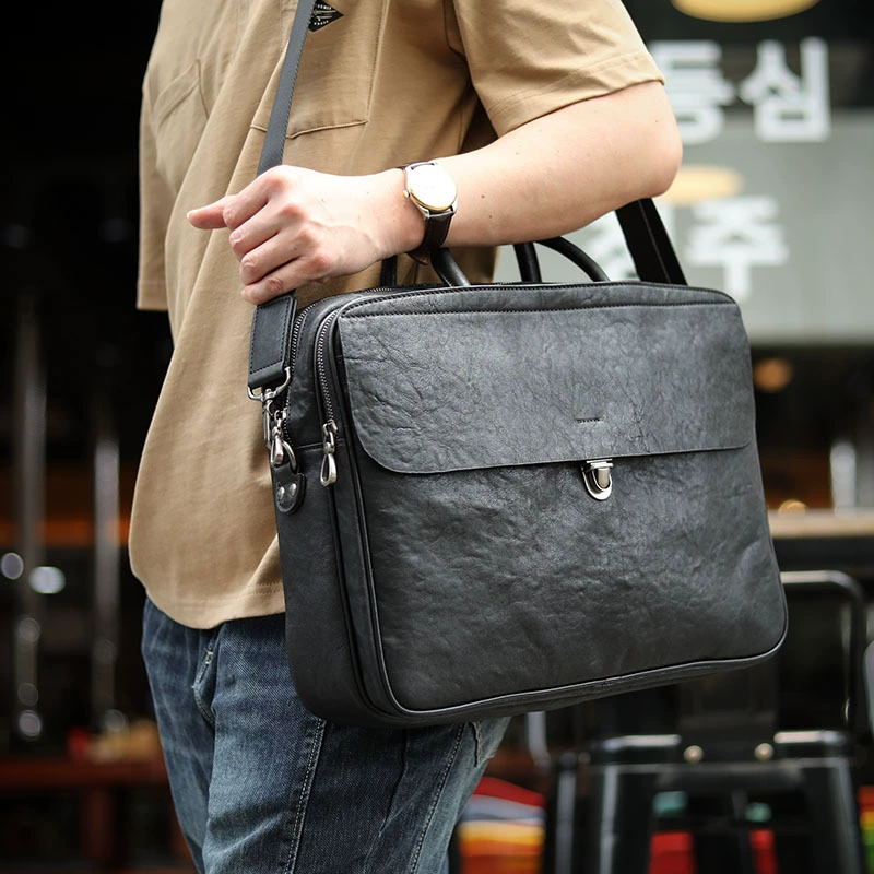 Elite black handheld capacious laptop for documents, genuine leather, business version