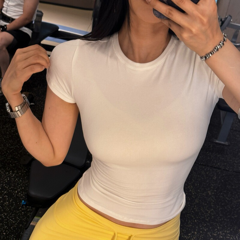 拿铁女孩瑜伽服T恤紧身短袖短款短袖纯色内搭夏季显瘦圆领大雷T|undefined