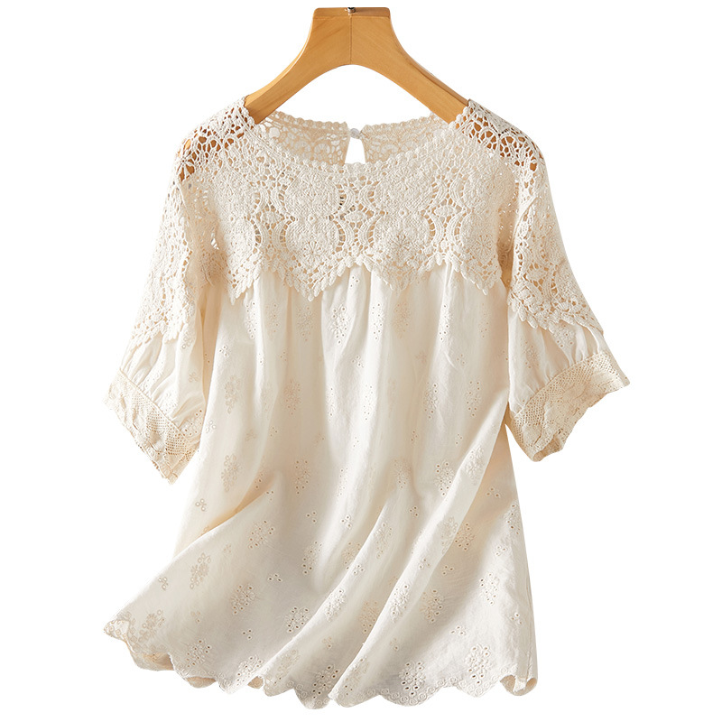 Blusa de encaje calado color albaricoque para mujer, verano 2026, cuello de hoja de loto, camisa bordada de algodón puro, diseño único, manga corta. image 7