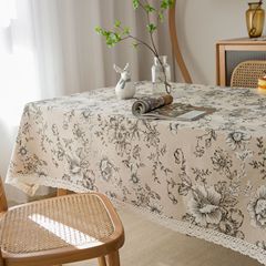 Yimanqi Yunbai Peony Cotton-Linen Tablecloth, Artistic Tablecloth, American Country Style Tablecloth Cover Cloth with Retro Pattern