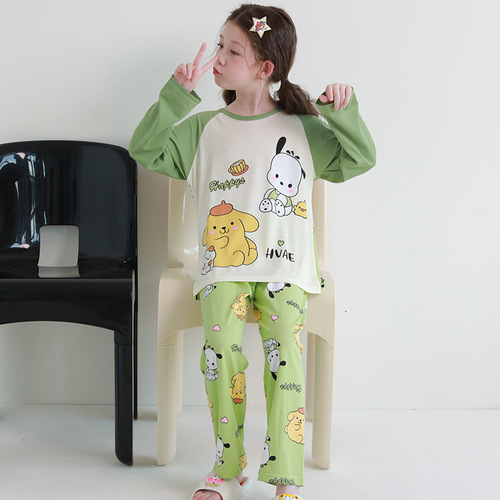 Girls' Spring and Autumn Cartoon Child Thin Long Sleeve Set Children's Girl Middle and Big Kids Home Clothes