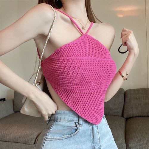 Pure lust style sexy backless lace-up knitted camisole female hollow hot girl slim fit sleeveless halterneck short top