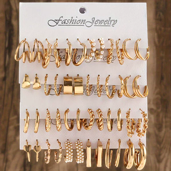 Cross-Border Hot Selling European and American Metal Square Geometric Women's Earrings Set C-Shaped High-End Earrings